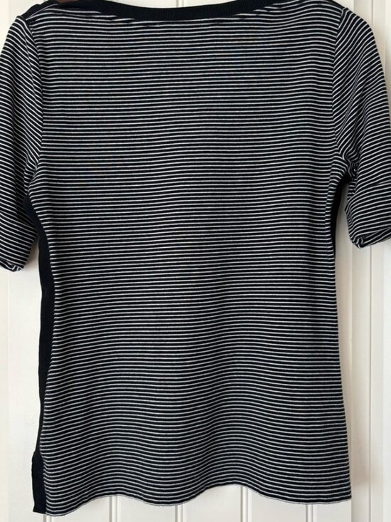 Tops - Classic Black‑White Striped Round Neck Cuffed Sleeve Casual Work Top